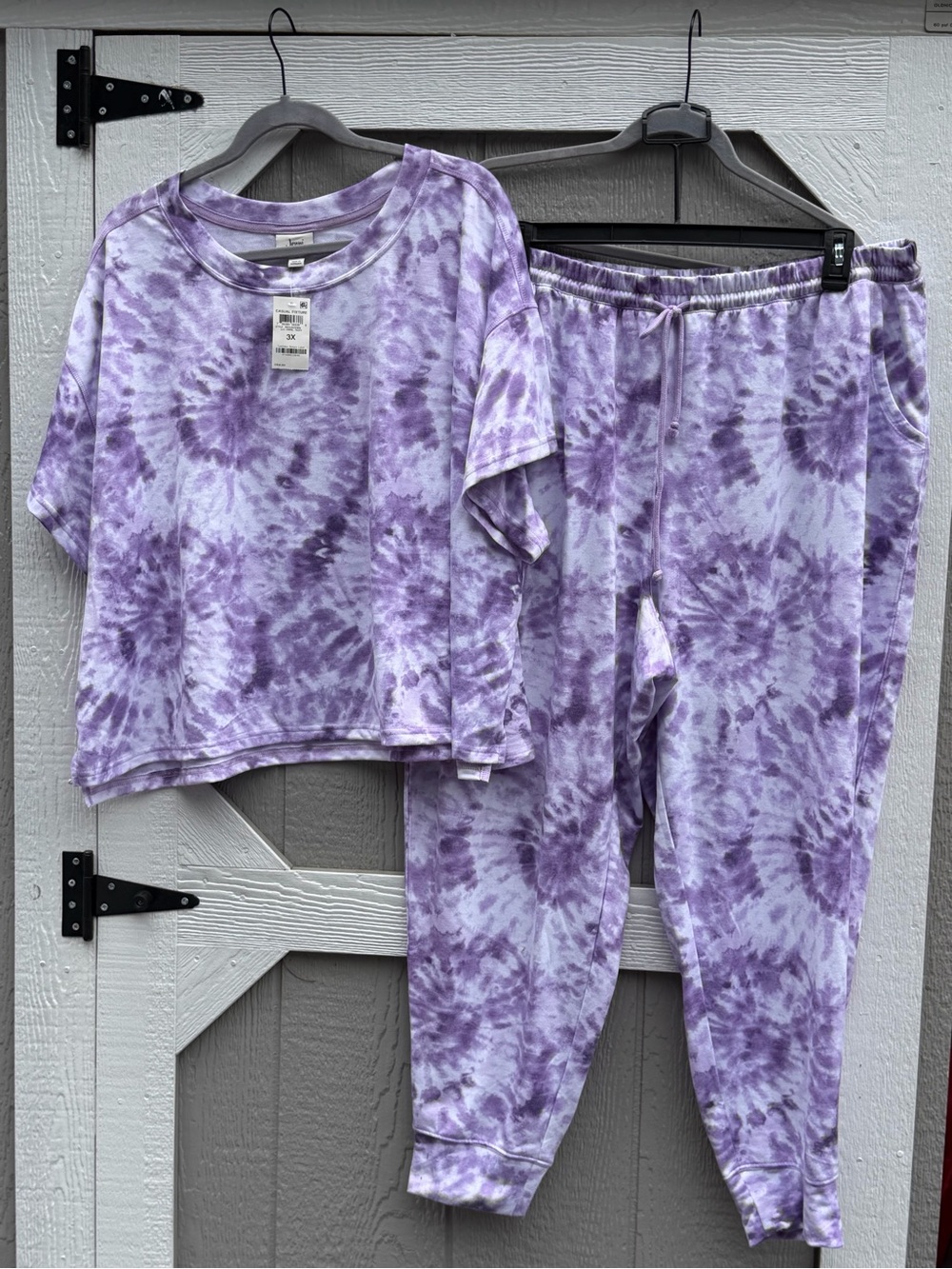 Ladies Purple Tie-Dye Pajama Set - Short Sleeve Top & Jogger Pants